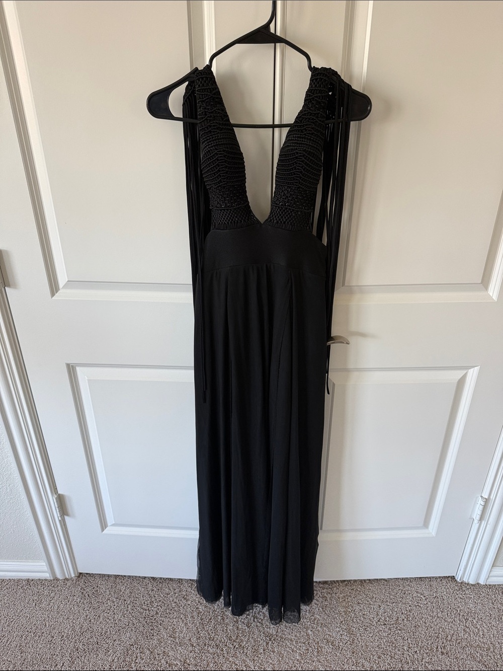 Black Plunge Maxi Dress with Crochet Bodice